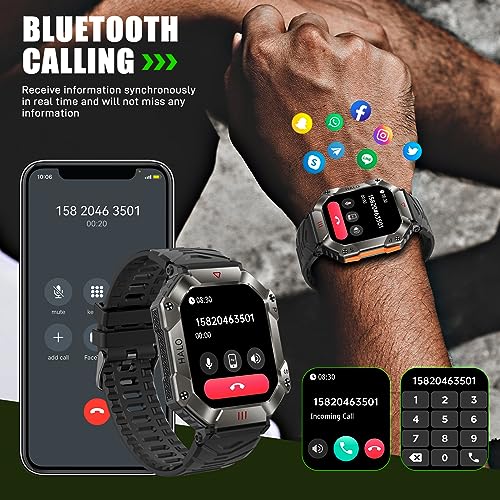 Military Smart Watch for Men(Call Receive/Dial) with 650mAh Long Battery Life, 2” Big Screen Rugged Tactical Sports Smartwatch with Compass Barometer Heart Rate Sleep Tracker for Android iOS Black