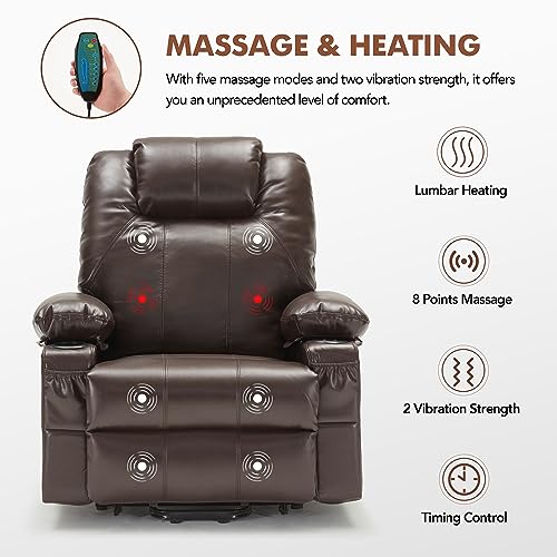 Weture Power Lift Recliner Chair with Heat and Massage for Elderly, Leather Electric Recliner Chairs with Cup Holders and USB Port, Big Oversized Recliner Chair for Seniors (Leather, Brown)