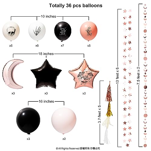 Boho White Black Rose Gold Balloon Garland Backdrop Kit for Halloween Party Decorations Boho Hanging Star Moon Skull Butterfly Decor for Birthday Baby Bridal Shower Costum Cosplay Party Supplies