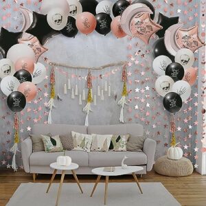 Boho White Black Rose Gold Balloon Garland Backdrop Kit for Halloween Party Decorations Boho Hanging Star Moon Skull Butterfly Decor for Birthday Baby Bridal Shower Costum Cosplay Party Supplies