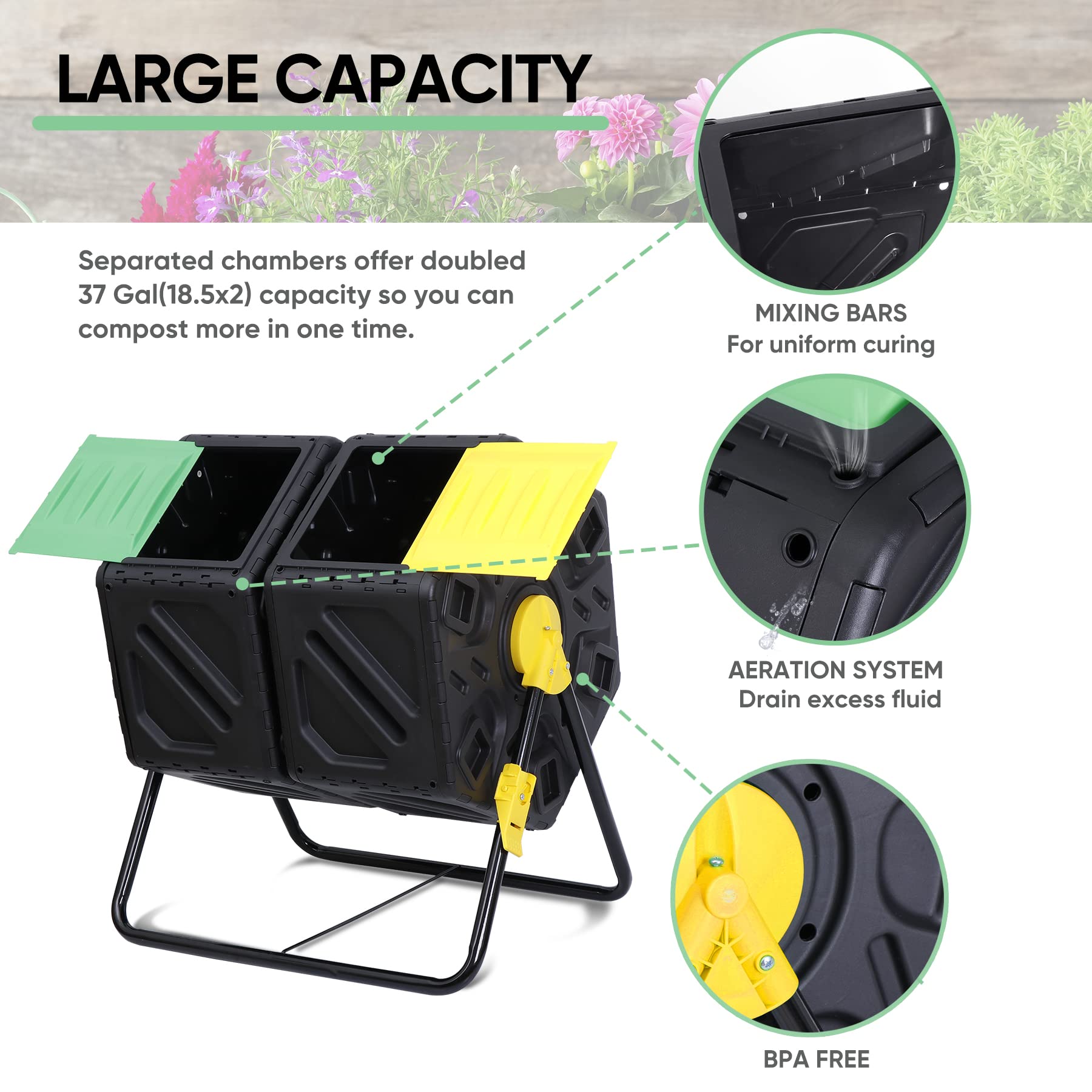 BBBuy Compost Bin Tumbling Composter Rotating w/ 2 Sliding Doors Compost Bin, Dual Chamber All Season Heavy Duty Outdoor Gardening Composting Tumblers Garden Yard (37 Gallon, Black)