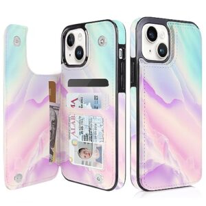 ucolor flip leather wallet case card holder compatible with iphone 13 6.1 iphone 14 6.1 women and girls with card holder kickstand (pastel pink marble)