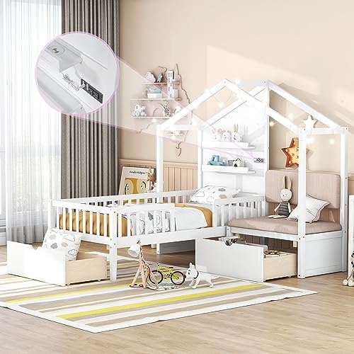 Harper & Bright Designs Kids Twin Playhouse Bed Frame with Upholstered Sofa, 2 Storage Drawers and Charging Station, Wood Twin Montessori Bed with LED Light and Shelves, L Shaped Bed for Kids, Boys, Girls (White)