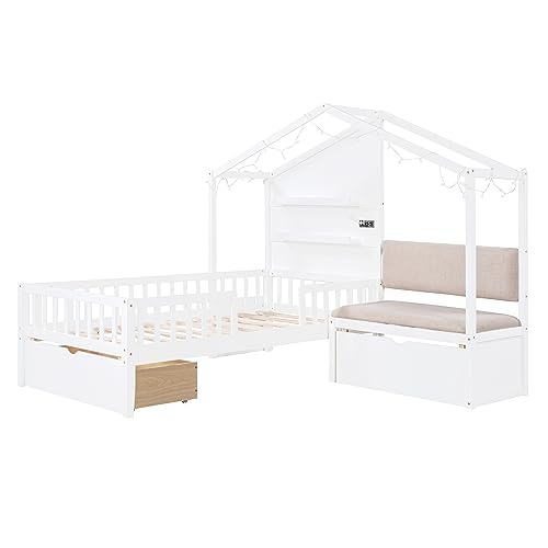 Harper & Bright Designs Kids Twin Playhouse Bed Frame with Upholstered Sofa, 2 Storage Drawers and Charging Station, Wood Twin Montessori Bed with LED Light and Shelves, L Shaped Bed for Kids, Boys, Girls (White)