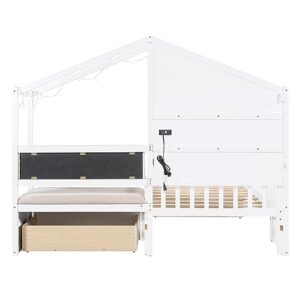 Harper & Bright Designs Kids Twin Playhouse Bed Frame with Upholstered Sofa, 2 Storage Drawers and Charging Station, Wood Twin Montessori Bed with LED Light and Shelves, L Shaped Bed for Kids, Boys, Girls (White)