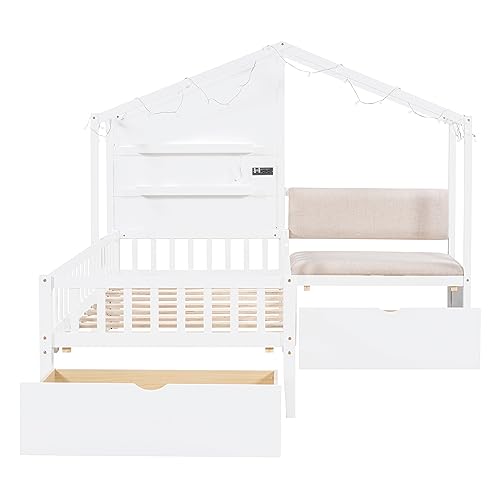 Harper & Bright Designs Kids Twin Playhouse Bed Frame with Upholstered Sofa, 2 Storage Drawers and Charging Station, Wood Twin Montessori Bed with LED Light and Shelves, L Shaped Bed for Kids, Boys, Girls (White)