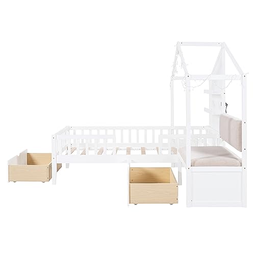 Harper & Bright Designs Kids Twin Playhouse Bed Frame with Upholstered Sofa, 2 Storage Drawers and Charging Station, Wood Twin Montessori Bed with LED Light and Shelves, L Shaped Bed for Kids, Boys, Girls (White)