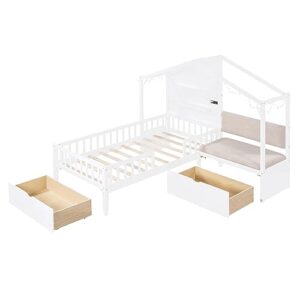 Harper & Bright Designs Kids Twin Playhouse Bed Frame with Upholstered Sofa, 2 Storage Drawers and Charging Station, Wood Twin Montessori Bed with LED Light and Shelves, L Shaped Bed for Kids, Boys, Girls (White)