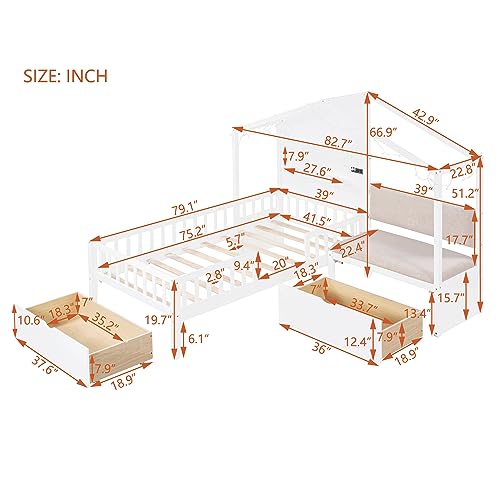 Harper & Bright Designs Kids Twin Playhouse Bed Frame with Upholstered Sofa, 2 Storage Drawers and Charging Station, Wood Twin Montessori Bed with LED Light and Shelves, L Shaped Bed for Kids, Boys, Girls (White)