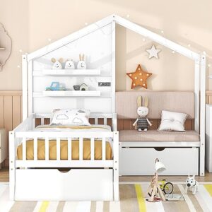 Harper & Bright Designs Kids Twin Playhouse Bed Frame with Upholstered Sofa, 2 Storage Drawers and Charging Station, Wood Twin Montessori Bed with LED Light and Shelves, L Shaped Bed for Kids, Boys, Girls (White)