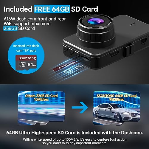 Dash Cam Front and Rear, Dash Camera for Cars WiFi/APP Control Dashcam W/ 64G SD Card, 2.5K Dash Cam Front + 1080P Rear Car Camera W/Super Night Vision, Loop Recording, G-Sensor, Max Support 256GB