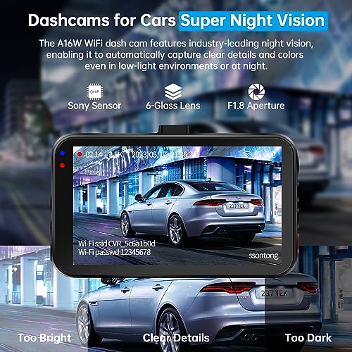 Dash Cam Front and Rear, Dash Camera for Cars WiFi/APP Control Dashcam W/ 64G SD Card, 2.5K Dash Cam Front + 1080P Rear Car Camera W/Super Night Vision, Loop Recording, G-Sensor, Max Support 256GB