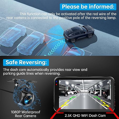 Dash Cam Front and Rear, Dash Camera for Cars WiFi/APP Control Dashcam W/ 64G SD Card, 2.5K Dash Cam Front + 1080P Rear Car Camera W/Super Night Vision, Loop Recording, G-Sensor, Max Support 256GB