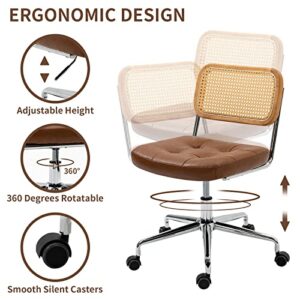 Newnno Office Chair Armless Leather Desk Chair with Wheels, Modern Rattan Ergonomic Computer Home Office Chair for Study, Adjustable Swivel Rolling Chair for Home Office, Brown