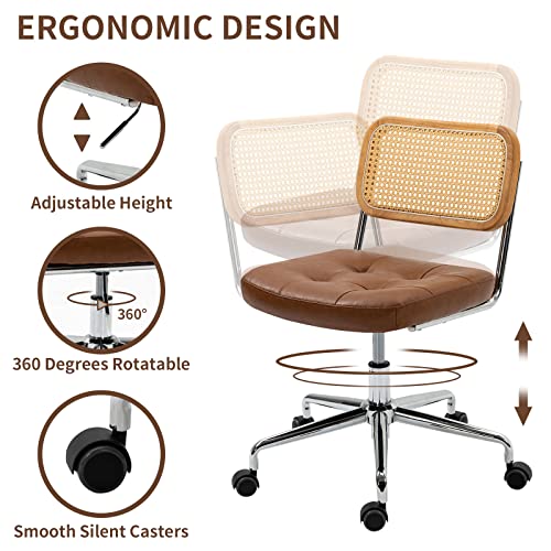 Newnno Office Chair Armless Leather Desk Chair with Wheels, Modern Rattan Ergonomic Computer Home Office Chair for Study, Adjustable Swivel Rolling Chair for Home Office, Brown