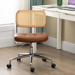 Newnno Office Chair Armless Leather Desk Chair with Wheels, Modern Rattan Ergonomic Computer Home Office Chair for Study, Adjustable Swivel Rolling Chair for Home Office, Brown