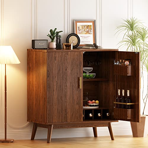 AWQM Liquor Cabinet with Storage, Wine Cabinet with Wine Rack and Glasses Holder, 2 Doors Buffet Storage Sideboard Bar Cabinet, Farmhouse/Freestanding Coffee Bar Cabinet,19"D x 32"W x 37"H, Dark Brown