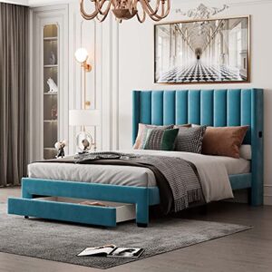 queen size velvet upholstered platform bed frame with storage drawer and tufted headboard for boys girls teens adults, no box spring needed, easy assembly (blue, queen)