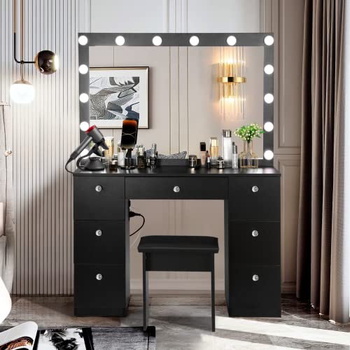 SMOOL Vanity with Lighted Mirror, Makeup Desk Power Outlet and LED Bulbs, 3 Color Lighting Modes Adjustable Brightness, 7 Drawers Table Cushioned Stool for Women Girls, 44'' L, 2-black