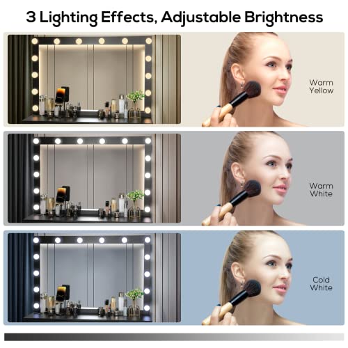 SMOOL Vanity with Lighted Mirror, Makeup Desk Power Outlet and LED Bulbs, 3 Color Lighting Modes Adjustable Brightness, 7 Drawers Table Cushioned Stool for Women Girls, 44'' L, 2-black