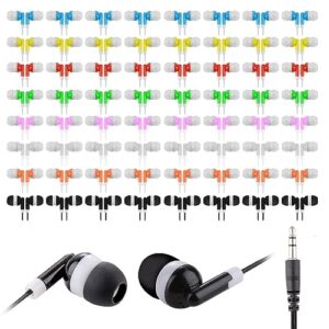 ladont 50 pack bulk kids earbuds for classroom, student wired headphones in ear earbuds for school librariy, 3.5mm multi colored wholesale earphones for chromebook laptop pc