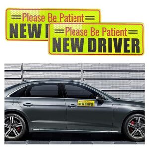 ziciner 2 pcs student driver magnet for car, reflective new driver vehicle safety signs, please be patient student driver magnet decals, beginner safety warning bumper magnet signs (style 7)