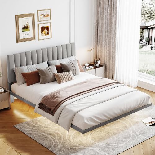 anwickjeff Modern Queen Size Velvet Upholstered Bed Frame with Smart Led Light and Headboard, Floating Bed Frame Queen Size for Kids, Smart Bed, Bedroom Sets (Gray)