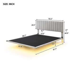 anwickjeff Modern Queen Size Velvet Upholstered Bed Frame with Smart Led Light and Headboard, Floating Bed Frame Queen Size for Kids, Smart Bed, Bedroom Sets (Gray)