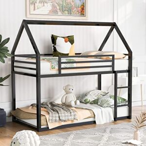 tartop twin over twin house bunk bed with built-in ladder, metal low bunk bed for kids girls boys,no spring box needed,black