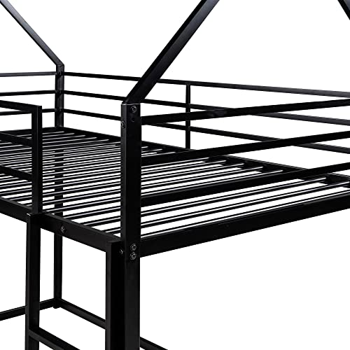 TARTOP Twin Over Twin House Bunk Bed with Built-in Ladder, Metal Low Bunk Bed for Kids Girls Boys,No Spring Box Needed,Black