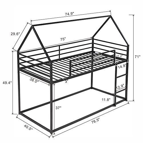 TARTOP Twin Over Twin House Bunk Bed with Built-in Ladder, Metal Low Bunk Bed for Kids Girls Boys,No Spring Box Needed,Black