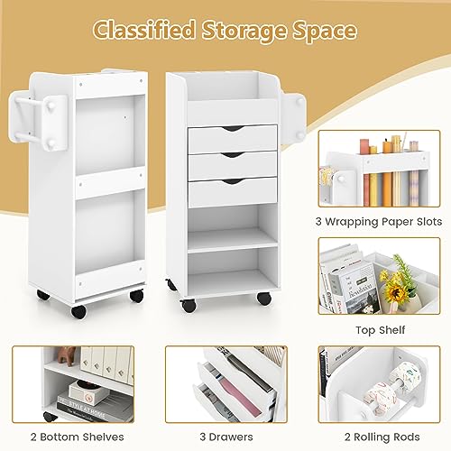 Giantex Craft Storage Cart - Utility Organizer Cart with 3 Drawers, 3 Shelves, 3 Slotted Compartments, 2 Rolling Rods, Crafting Sewing Cabinet on Wheels for Wrapping Paper Scrapbook Ribbon (White)