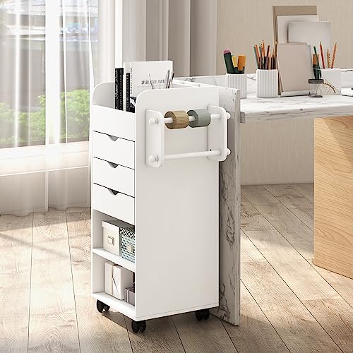 Giantex Craft Storage Cart - Utility Organizer Cart with 3 Drawers, 3 Shelves, 3 Slotted Compartments, 2 Rolling Rods, Crafting Sewing Cabinet on Wheels for Wrapping Paper Scrapbook Ribbon (White)