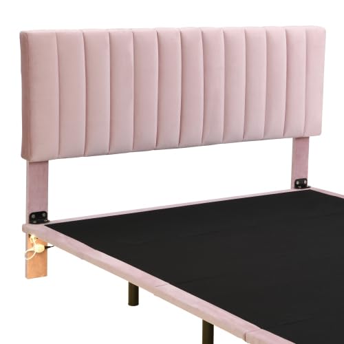 anwickjeff Modern Queen Size Velvet Upholstered Bed Frame with Smart Led Light and Headboard, Floating Bed Frame Queen Size for Kids, Smart Bed, Bedroom Sets (Pink)