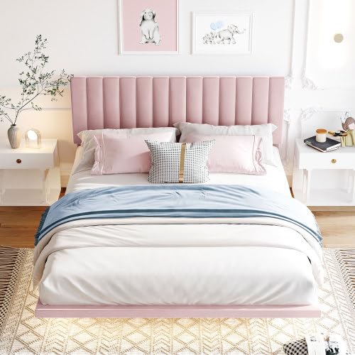 anwickjeff Modern Queen Size Velvet Upholstered Bed Frame with Smart Led Light and Headboard, Floating Bed Frame Queen Size for Kids, Smart Bed, Bedroom Sets (Pink)