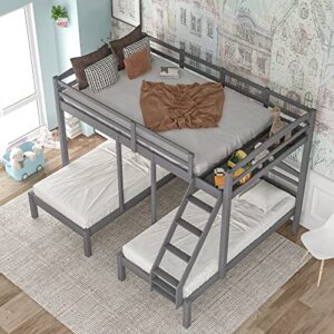 tartop full over twin bunk bed with small drawers & ladder for kids/adults bedroom,3 in 1 triple bunkbed,solid pinewood bedframe w/safety guardrals,space saving design & no box spring needed, gray