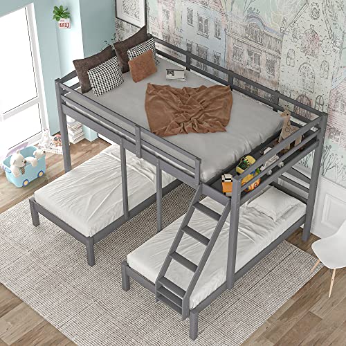 TARTOP Full Over Twin Bunk Bed with Small Drawers & Ladder for Kids/Adults Bedroom,3 in 1 Triple Bunkbed,Solid Pinewood Bedframe w/Safety Guardrals,Space Saving Design & No Box Spring Needed, Gray