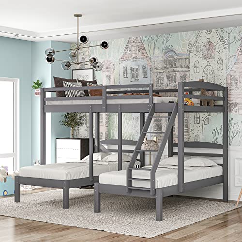 TARTOP Full Over Twin Bunk Bed with Small Drawers & Ladder for Kids/Adults Bedroom,3 in 1 Triple Bunkbed,Solid Pinewood Bedframe w/Safety Guardrals,Space Saving Design & No Box Spring Needed, Gray