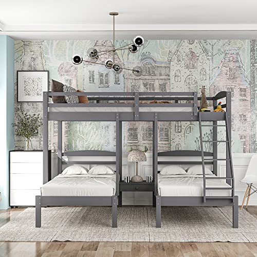 TARTOP Full Over Twin Bunk Bed with Small Drawers & Ladder for Kids/Adults Bedroom,3 in 1 Triple Bunkbed,Solid Pinewood Bedframe w/Safety Guardrals,Space Saving Design & No Box Spring Needed, Gray