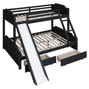 TARTOP Twin Over Full Upholstered Bunk Bed with Slide and Storage, Solid Wood Bunk Bed Frame with Two Drawers, Convertible Slide and Ladder, Headboard and Footboard, for Kids Teens Adults,Black