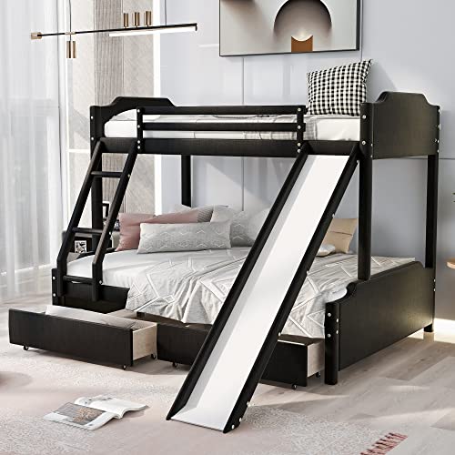 TARTOP Twin Over Full Upholstered Bunk Bed with Slide and Storage, Solid Wood Bunk Bed Frame with Two Drawers, Convertible Slide and Ladder, Headboard and Footboard, for Kids Teens Adults,Black