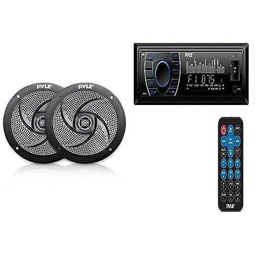 Pyle Marine Speakers - 5.25" Inch Low Profile Slim Style Waterproof Wakeboard Tower and Weather Resistant & Bluetooth Marine Receiver Stereo - 12v Single DIN Style Boat in Dash Radio Receiver