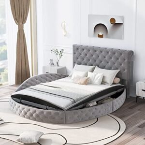 tartop queen size round shape upholstery low profile storage platform bed with storage space on both sides and footboard,for girls,boys,teens, easy to assemble,gray