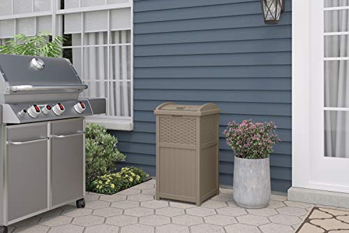 Suncast Small Deck Box-Lightweight Resin Indoor/Outdoor Storage Container and Seat Cushions and Gardening Tools Store Items on Patio & 33 Gallon Hideaway Trash Can for Patio - Resin Outdoor