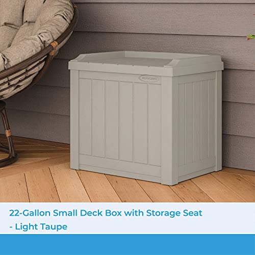 Suncast Small Deck Box-Lightweight Resin Indoor/Outdoor Storage Container and Seat Cushions and Gardening Tools Store Items on Patio & 33 Gallon Hideaway Trash Can for Patio - Resin Outdoor