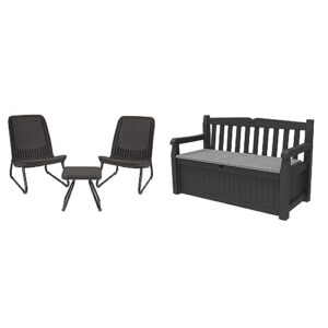 keter rio 3 piece resin wicker patio furniture set with side table and outdoor chairs, dark grey & solana 70 gallon storage bench deck box for patio furniture, front porch decor