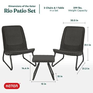 Keter Rio 3 Piece Resin Wicker Patio Furniture Set with Side Table and Outdoor Chairs, Dark Grey & Solana 70 Gallon Storage Bench Deck Box for Patio Furniture, Front Porch Decor
