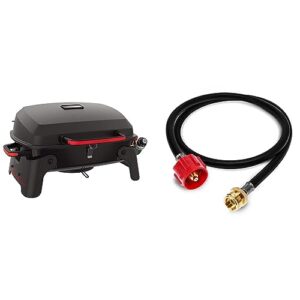 megamaster 820-0065c 1 burner portable gas grill for camping, outdoor cooking, outdoor kitchen, patio, garden, barbecue with two foldable legs, red + black & gas one 4 ft propane hose 1lb to 20lb
