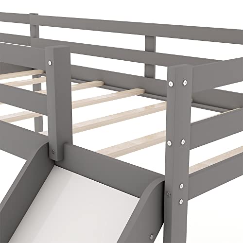 TARTOP Twin Loft Bed for Kids, L-Shape Loft Beds with Slide, Low Loft Bed Frame Corner Bunk Bed for Kids, Wooden Loft Bed for Girls Boys Teens,Gray