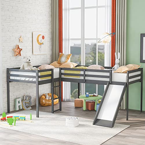 TARTOP Twin Loft Bed for Kids, L-Shape Loft Beds with Slide, Low Loft Bed Frame Corner Bunk Bed for Kids, Wooden Loft Bed for Girls Boys Teens,Gray